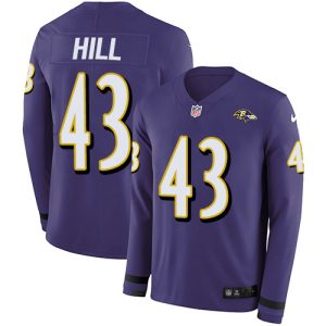 Ravens #43 Justice Hill Purple Team Color Youth Exceptional Stitched NFL Limited Therma Long Sleeve Jersey