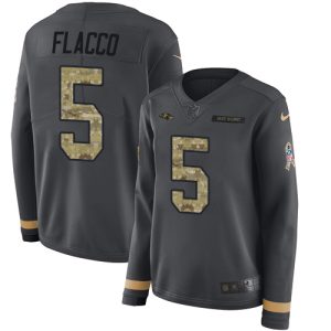 Ravens #5 Joe Flacco Anthracite Salute to Service Women's Stitched NFL Classy Limited Therma Long Sleeve Jersey