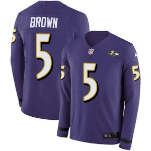 Ravens #5 Marquise Brown Glamorous Purple Team Color Youth Stitched NFL Limited Therma Long Sleeve Jersey