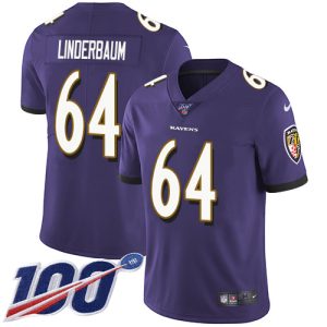 Ravens #64 Exceptional Tyler Linderbaum Purple Team Color Youth Stitched NFL 100th Season Vapor Untouchable Limited Jersey