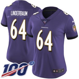 Ravens #64 Tyler Linderbaum Purple Marvelous Team Color Women's Stitched NFL 100th Season Vapor Untouchable Limited Jersey