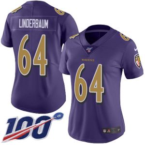 Ravens #64 Tyler Linderbaum Purple Women's Stitched NFL Limited Rush 100th Elegant Season Jersey