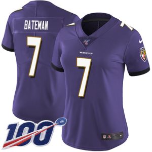 Ravens #7 Classy Rashod Bateman Purple Team Color Women's Stitched NFL 100th Season Vapor Untouchable Limited Jersey