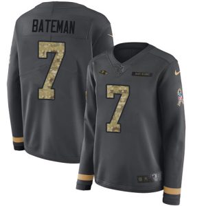 Ravens #7 Rashod Bateman Anthracite Salute to Service Women's Stunning Stitched NFL Limited Therma Long Sleeve Jersey