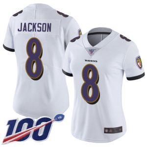 Ravens #8 Lamar Exceptional Jackson White Women's Stitched NFL 100th Season Vapor Limited Jersey