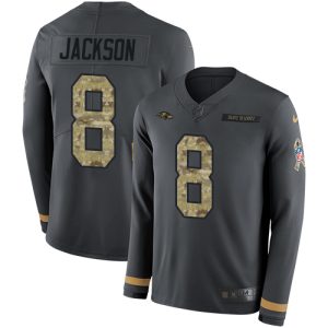Ravens #8 Lamar Jackson Anthracite Exceptional Salute to Service Youth Stitched NFL Limited Therma Long Sleeve Jersey