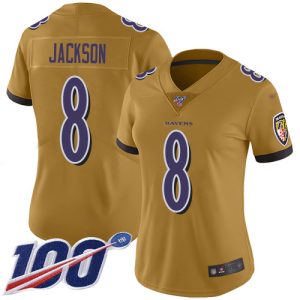 Ravens #8 Lamar Jackson Gold Women's Stitched NFL Limited Inverted Legend 100th Phenomenal Season Jersey