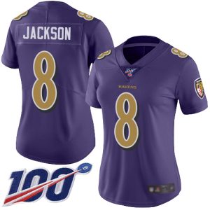 Ravens #8 Lamar Jackson Prime Purple Women's Stitched NFL Limited Rush 100th Season Jersey