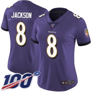 Ravens #8 Lamar Jackson Purple Team Remarkable Color Women's Stitched NFL 100th Season Vapor Limited Jersey