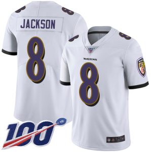Ravens #8 Lamar Jackson White Youth Stitched NFL Prime 100th Season Vapor Limited Jersey