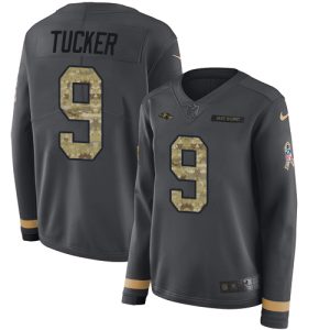 Ravens #9 Justin Stunning Tucker Anthracite Salute to Service Women's Stitched NFL Limited Therma Long Sleeve Jersey