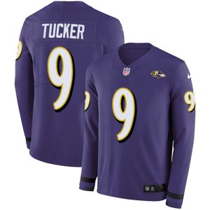 Ravens #9 Justin Tucker Purple Team Color Men's Admirable Stitched NFL Limited Therma Long Sleeve Jersey