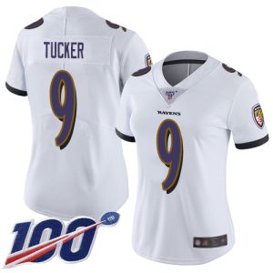 Ravens #9 Justin Tucker White Women's Stitched NFL 100th Season Charming Vapor Limited Jersey