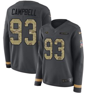 Ravens #93 Calais Campbell Anthracite Phenomenal Salute to Service Women's Stitched NFL Limited Therma Long Sleeve Jersey