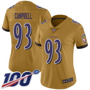 Ravens #93 Calais Campbell Gold Women's Stitched NFL Limited Inverted Legend Delightful 100th Season Jersey