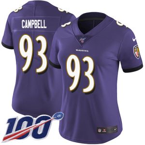 Ravens #93 Calais Campbell Purple Team Color Women's Stitched NFL 100th High - quality Season Vapor Untouchable Limited Jersey