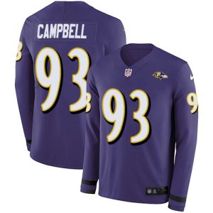 Ravens #93 Calais Campbell Purple Top - notch Team Color Men's Stitched NFL Limited Therma Long Sleeve Jersey