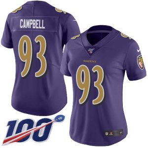 Ravens #93 Calais Campbell Purple Women's Stitched NFL Limited Elegant Rush 100th Season Jersey