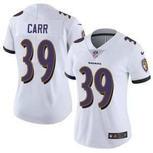 Ravens Delightful #39 Brandon Carr White Women's Stitched NFL Vapor Untouchable Limited Jersey