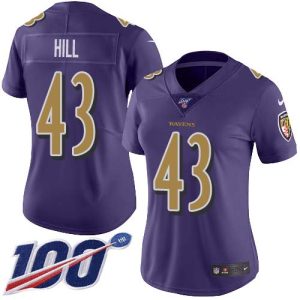 Ravens Exceptional #43 Justice Hill Purple Women's Stitched NFL Limited Rush 100th Season Jersey