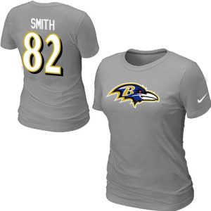 Women's Baltimore Ravens #82 Torrey Smith Name & Number T Shirt Light Superb Grey